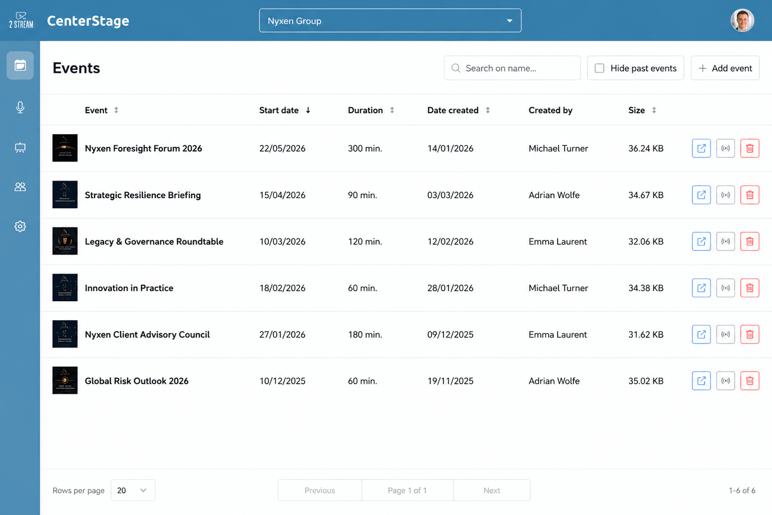CenterStage events list showing upcoming and active events